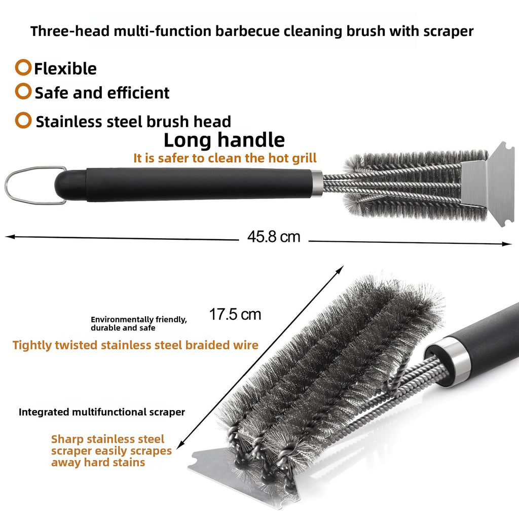 Stainless Steel Three-Head BBQ Grill Cleaning Brush