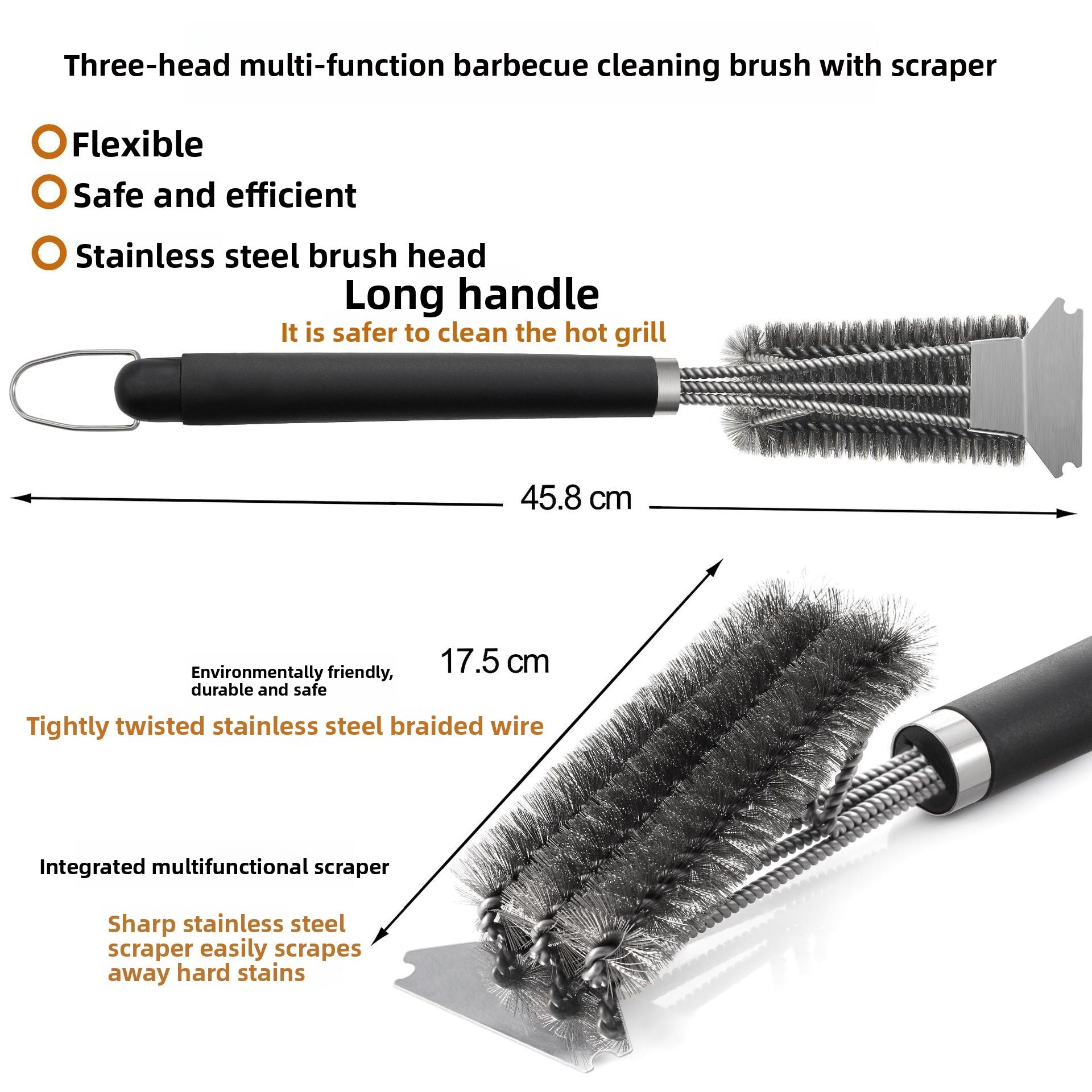 Stainless Steel Three-Head BBQ Grill Cleaning Brush