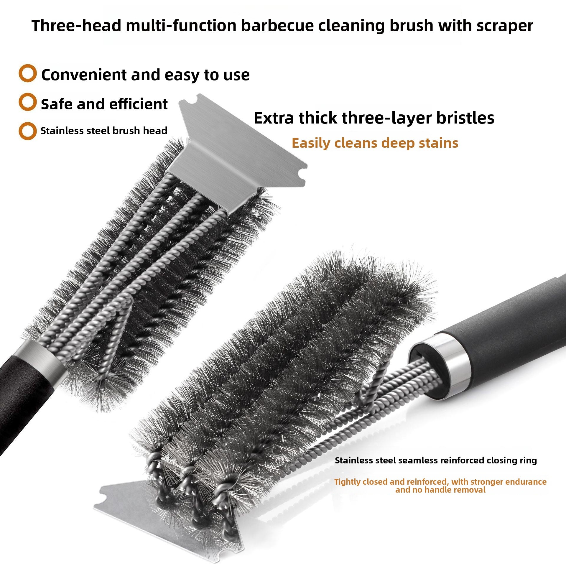 Stainless Steel Three-Head BBQ Grill Cleaning Brush
